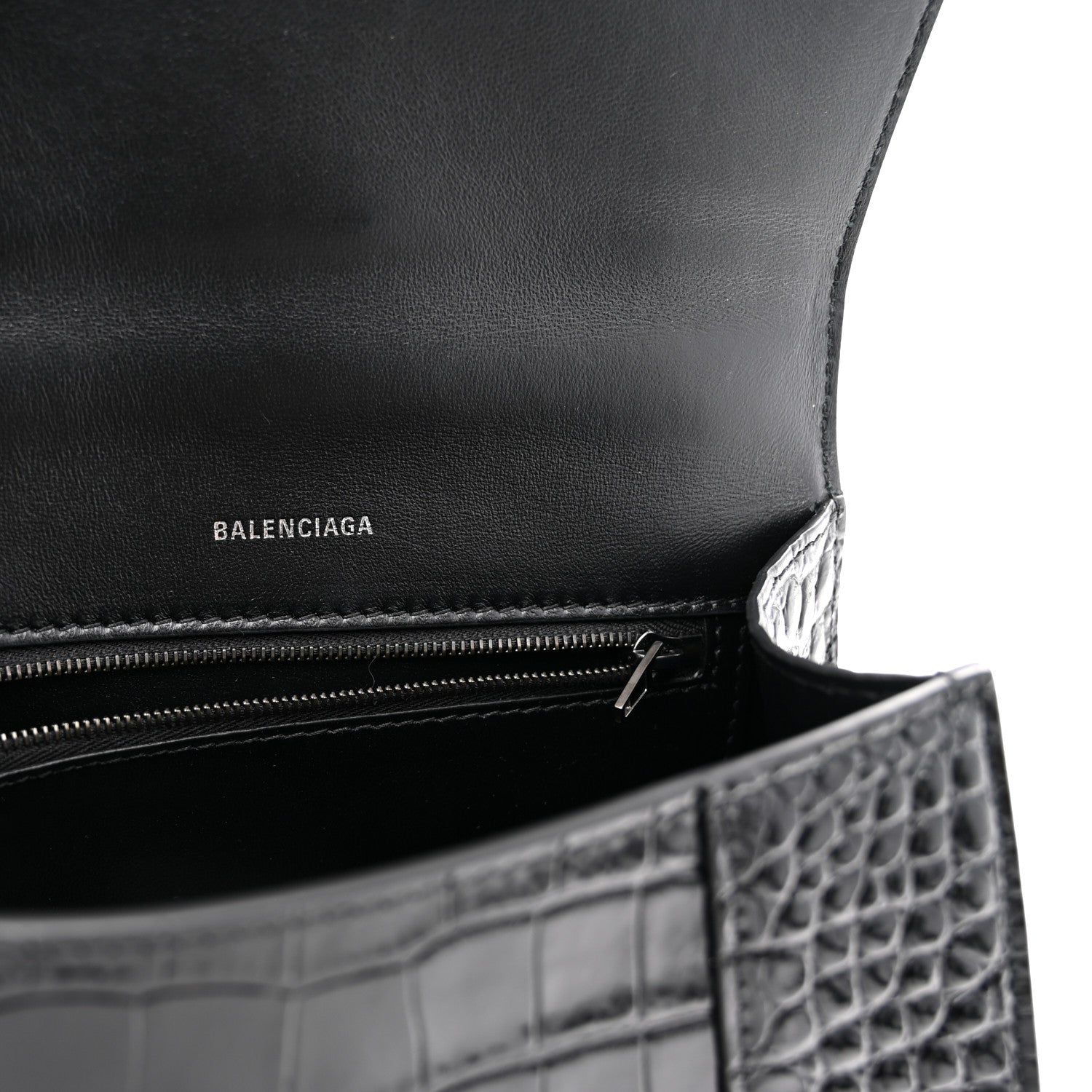 Shiny Calfskin Monochrome Crocodile Embossed Small Hourglass Top Handle Bag Black