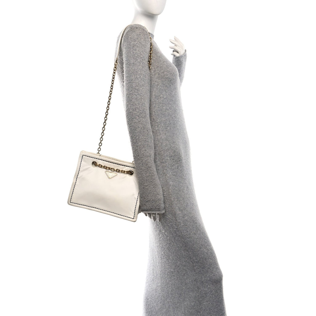 Tessuto Nylon Triangle Chain Tote White