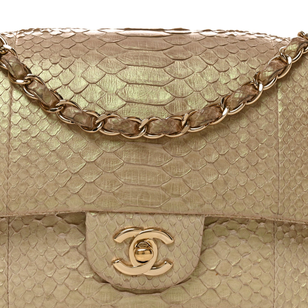 Metallic Snakeskin Medium Double Flap Light Beige
