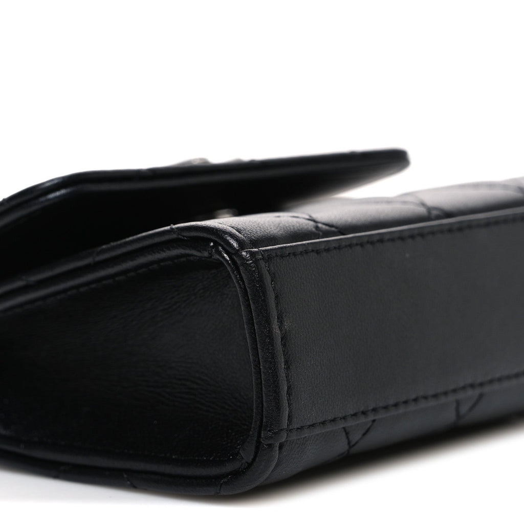 Lambskin Quilted Mini Metal Top Handle Flap Clutch With Chain  Black