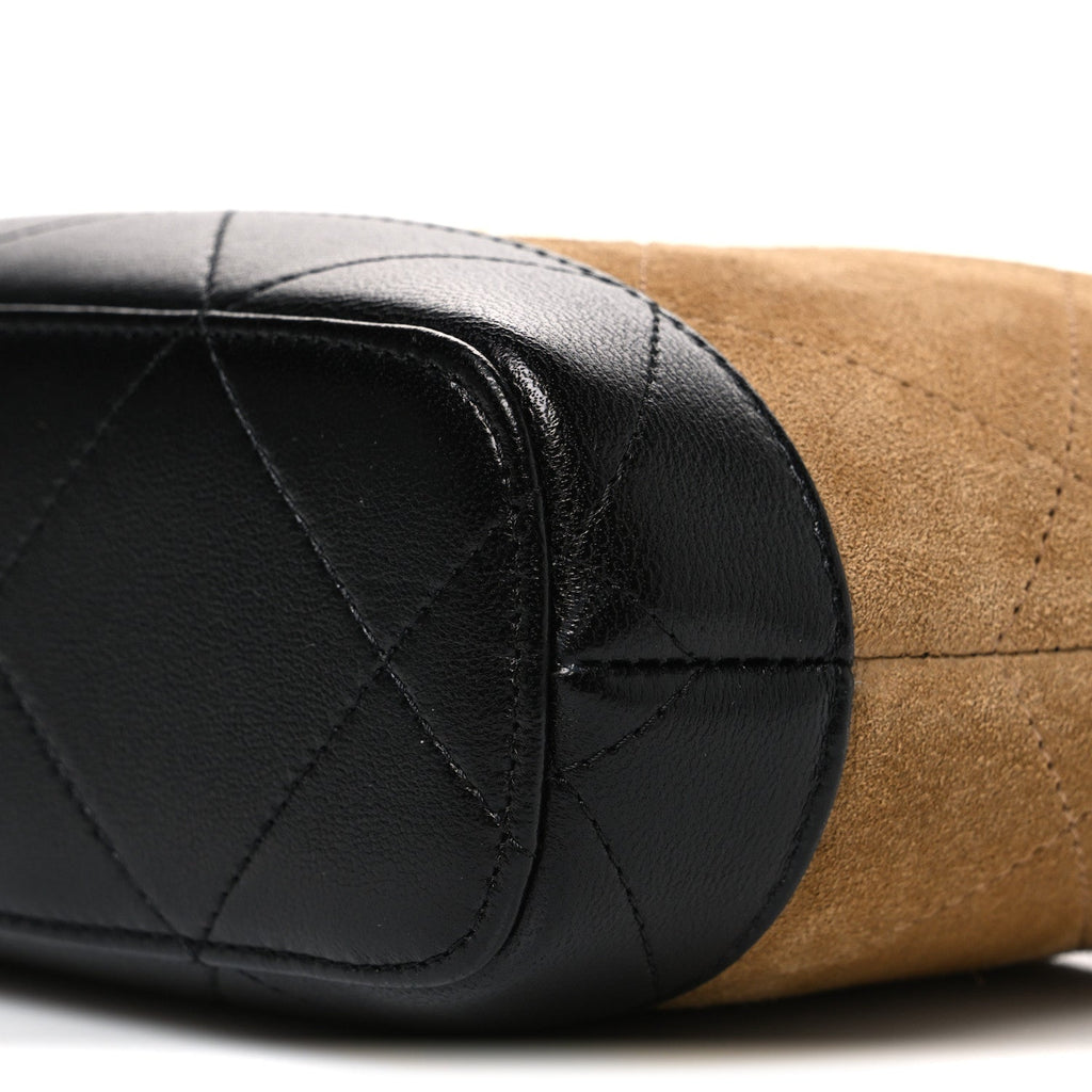 Suede Calfskin Shiny Lambskin Quilted Coco Base Hobo Clutch With Chain Beige Black