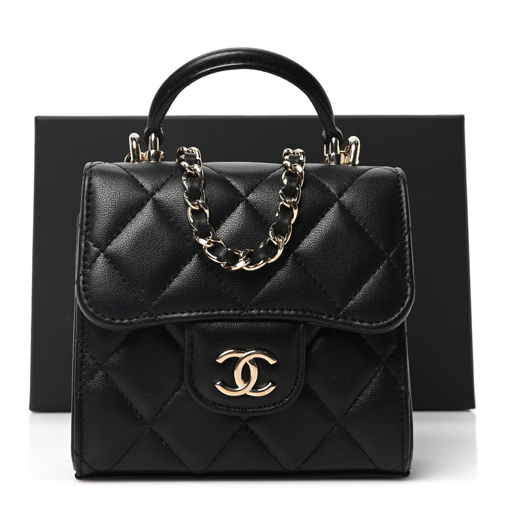 Lambskin Quilted Top Handle Flap Clutch With Chain Black