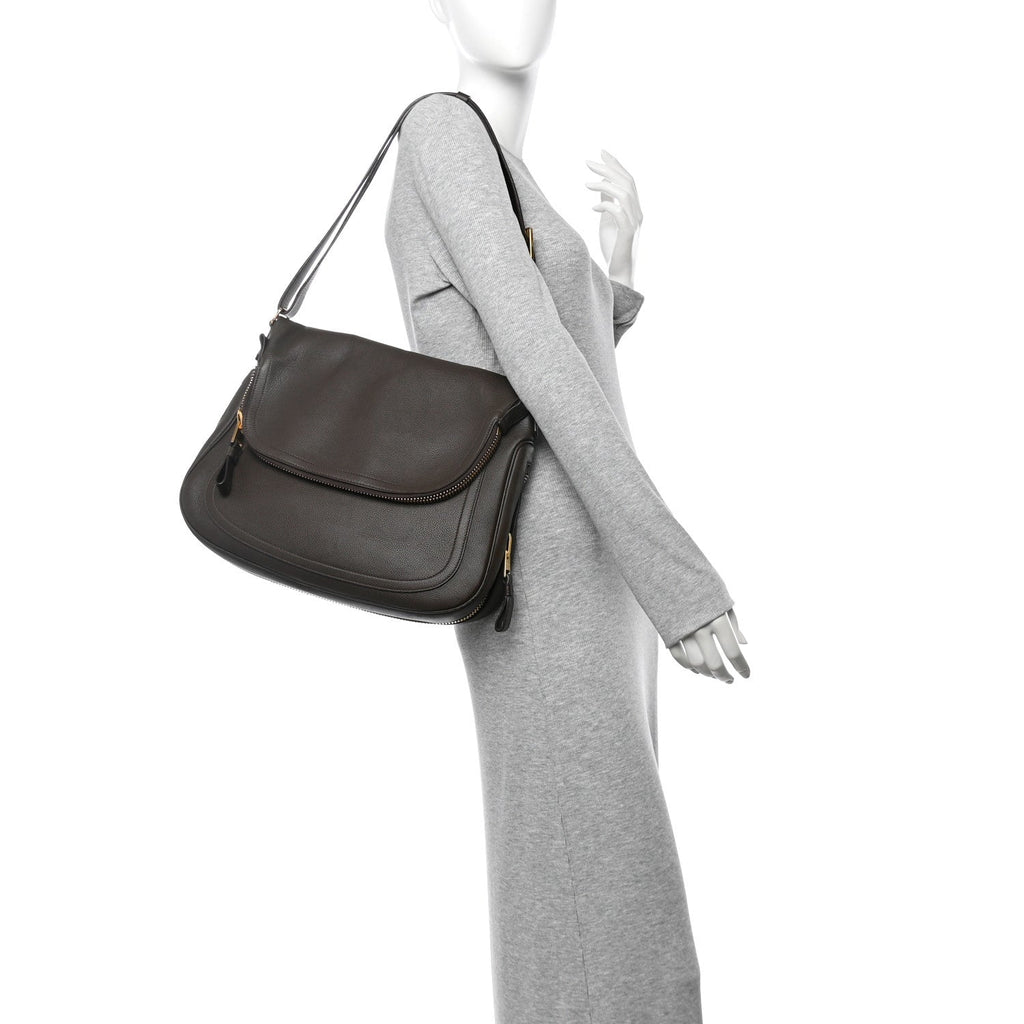 Grained Calfskin Large Jennifer Crossbody Bag Brown