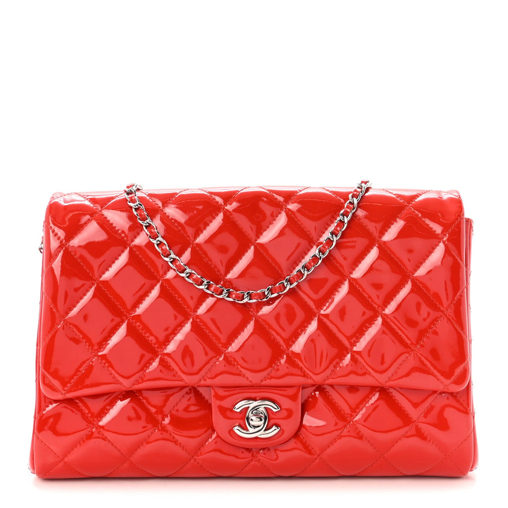 Patent Quilted Clutch with Chain Flap Red