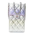 Gradient Metallic Calfskin Quilted CC Phone Holder Silver Blue Yellow Purple