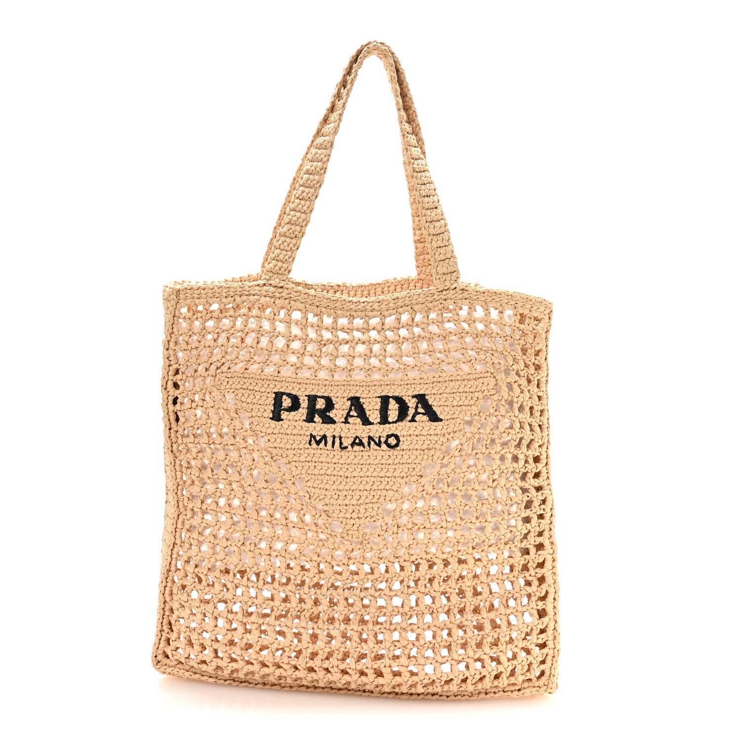 Yarn Raffia Effect Crochet Logo Embroidered Tote Bag Naturale