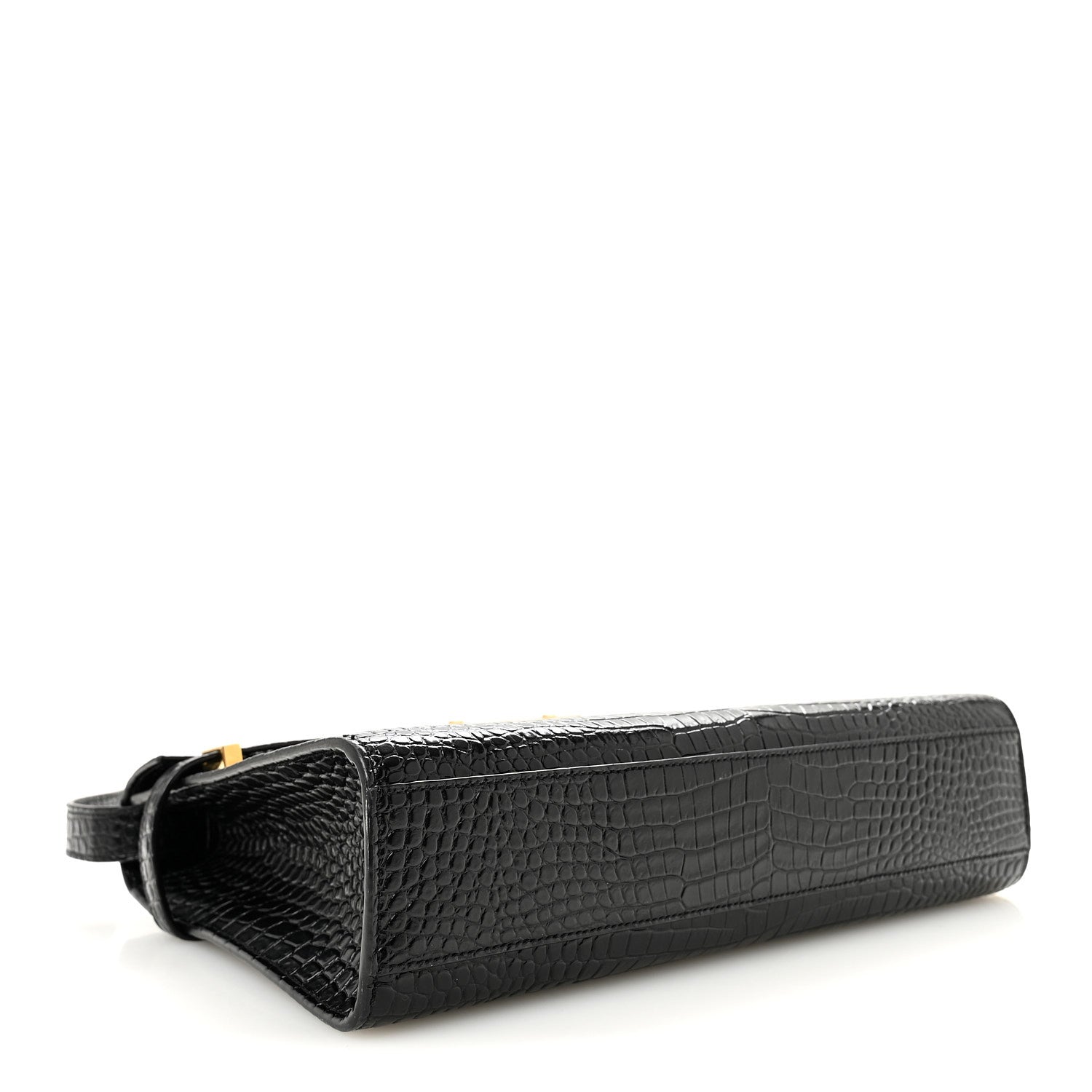 Shiny Calfskin Crocodile Embossed Manhattan Baguette Black