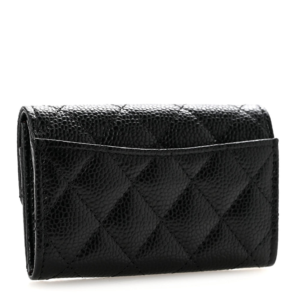 Caviar Quilted Flap Card Holder Wallet Black