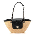 Raffia Braided Lambskin Small Shopping Tote Beige Black