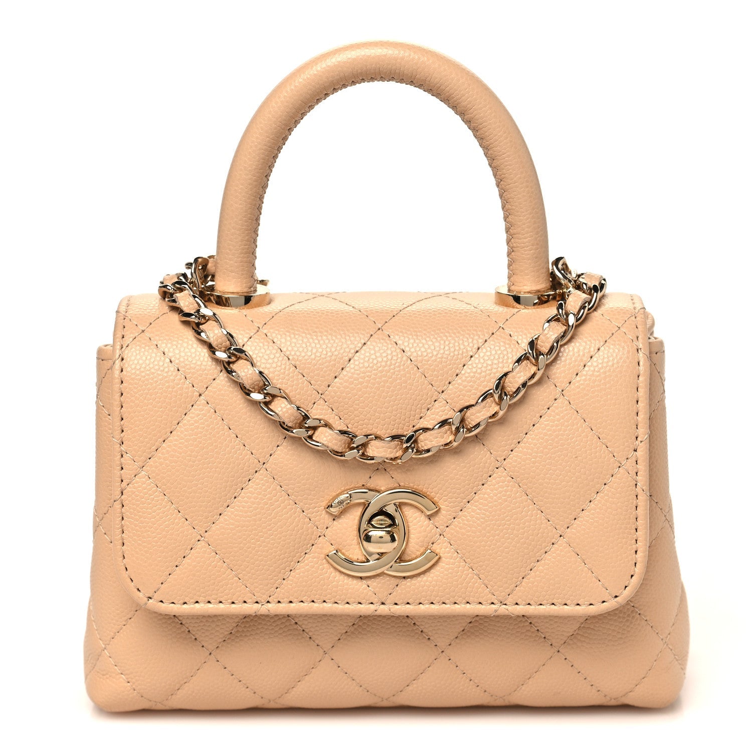 Caviar Quilted Coco Handle Clutch With Chain Beige