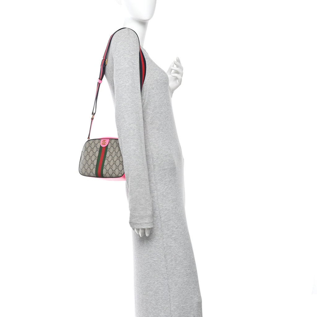 GG Supreme Monogram Textured Dollar Calfskin Web Ophidia Small Crossbody Bag Beige Ebony Fuchsia
