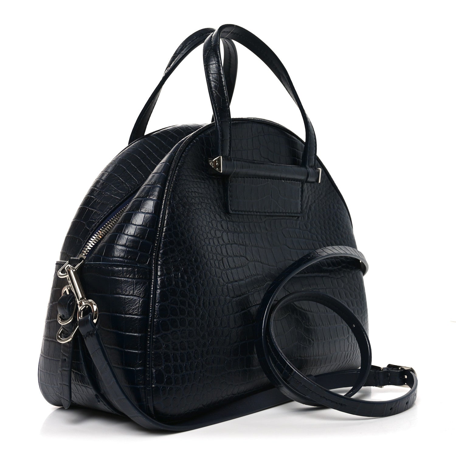 Calfskin Crocodile Embossed Small Varenne Bowling Bag Navy