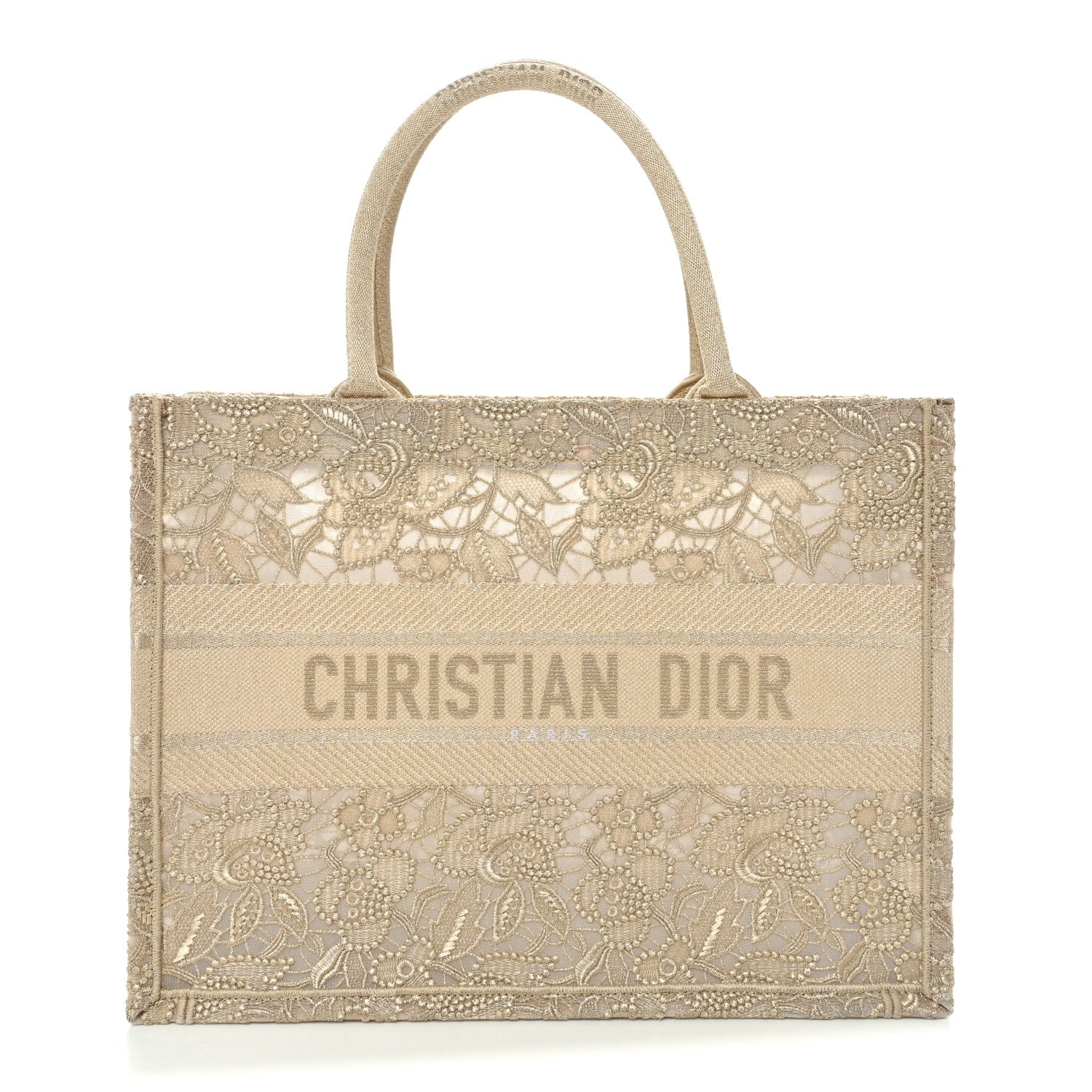 Transparent Metallic Embroidered Mesh Macrame Medium Book Tote Gold
