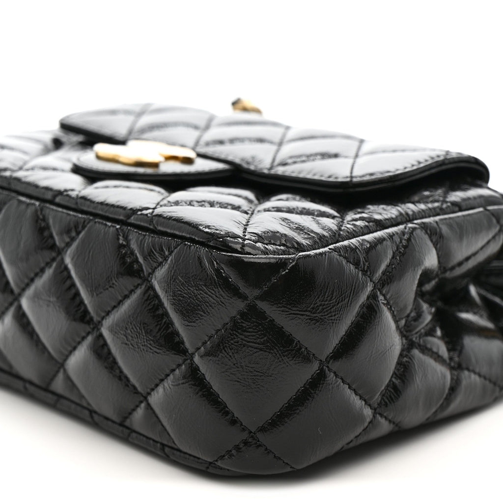 Shiny Crumpled Calfskin Quilted Small Wavy CC Hobo Black