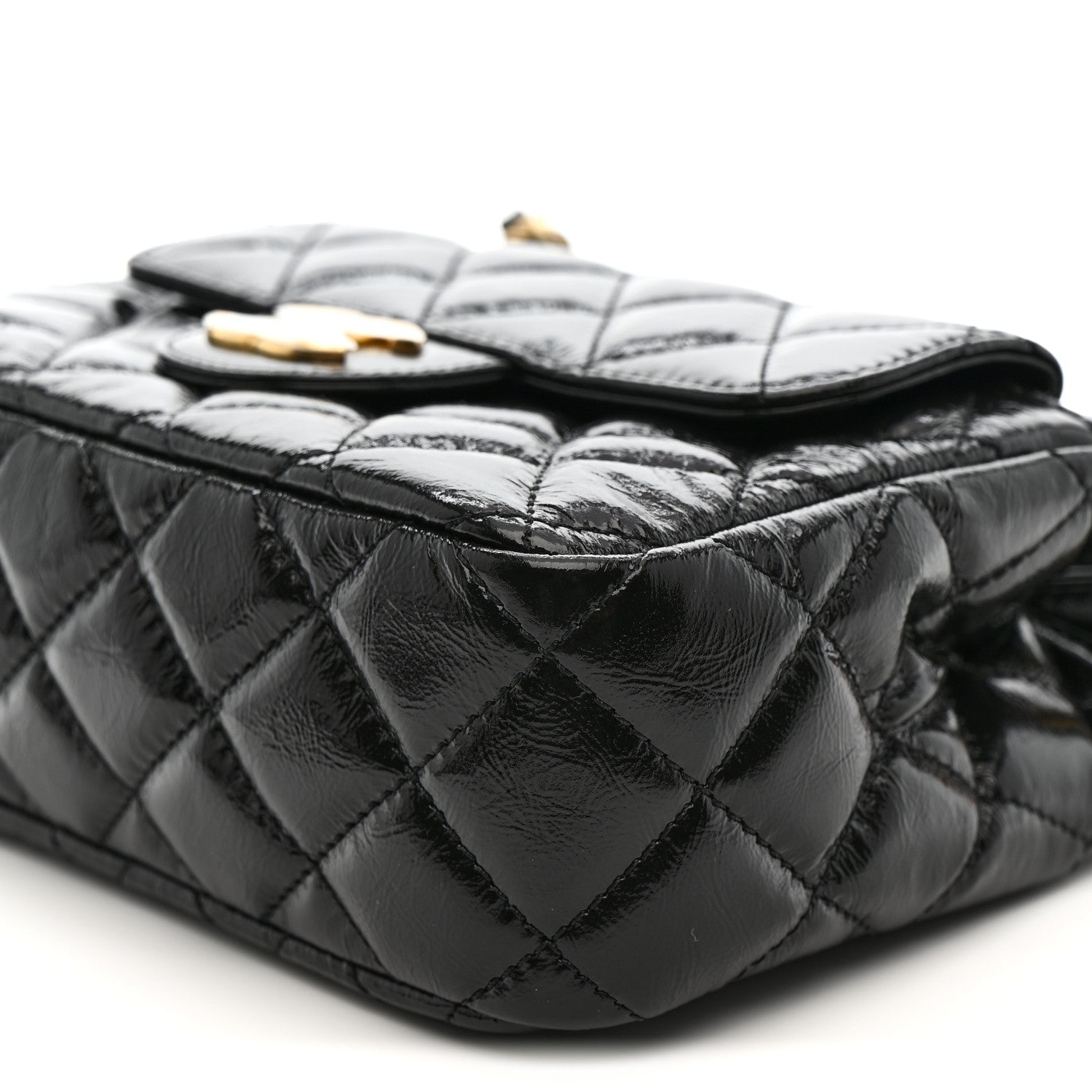Shiny Crumpled Calfskin Quilted Small Wavy CC Hobo Black