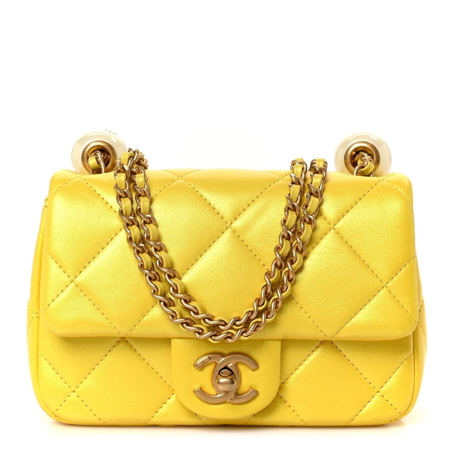 Pearly Lambskin Pearl Quilted Mini Flap Yellow Yellow