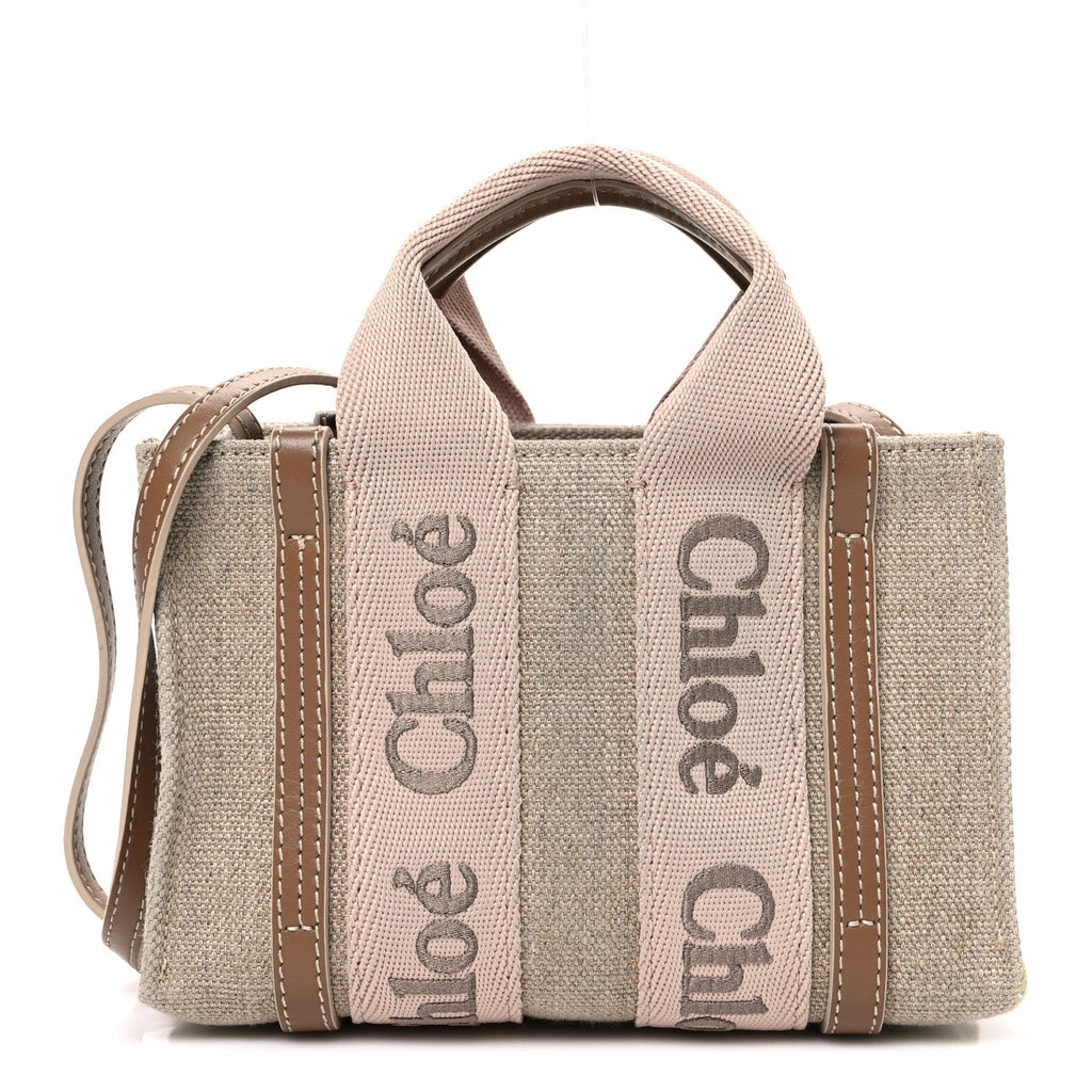 Linen Calfskin Mini Woody Ribbon Tote With Strap Blushy Beige