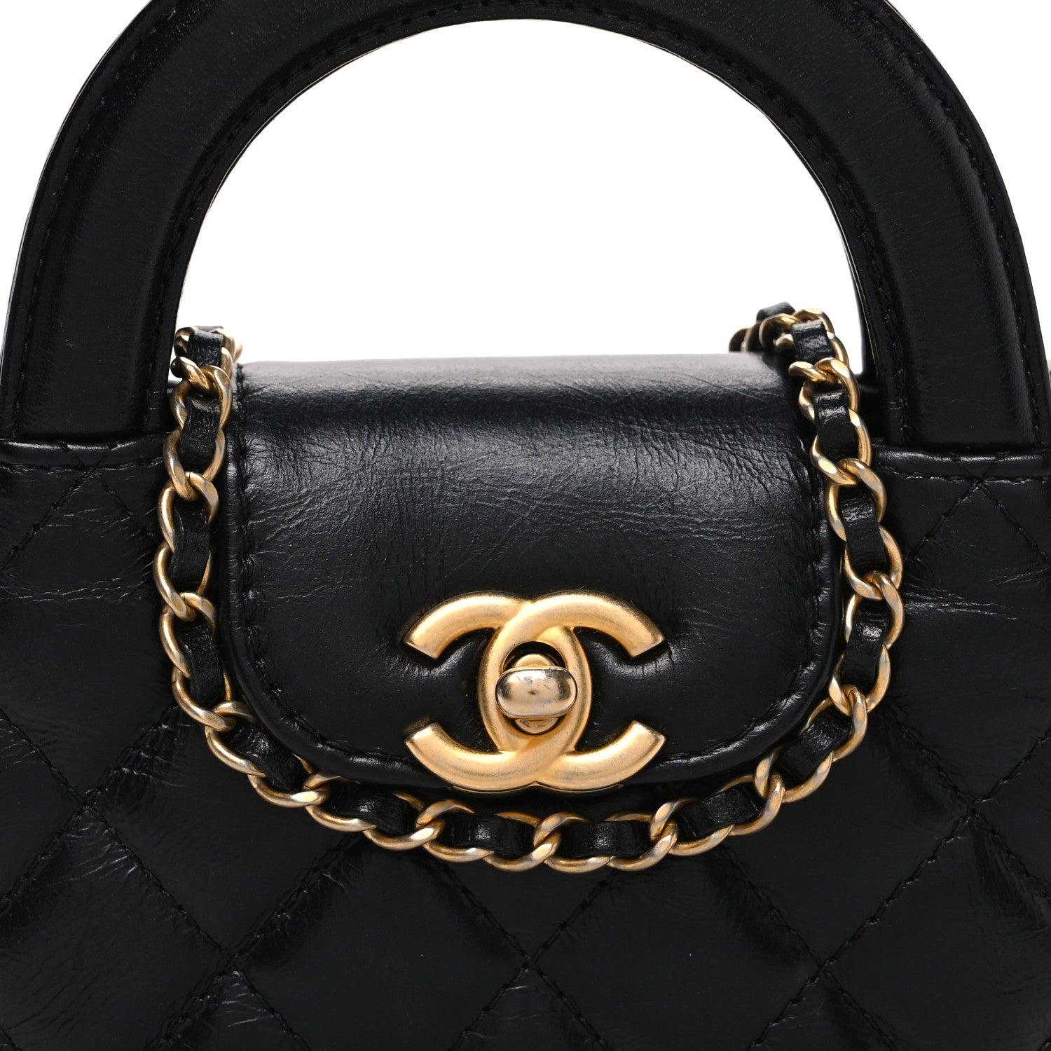 Shiny Aged Calfskin Quilted Mini Nano Kelly Shopper Black