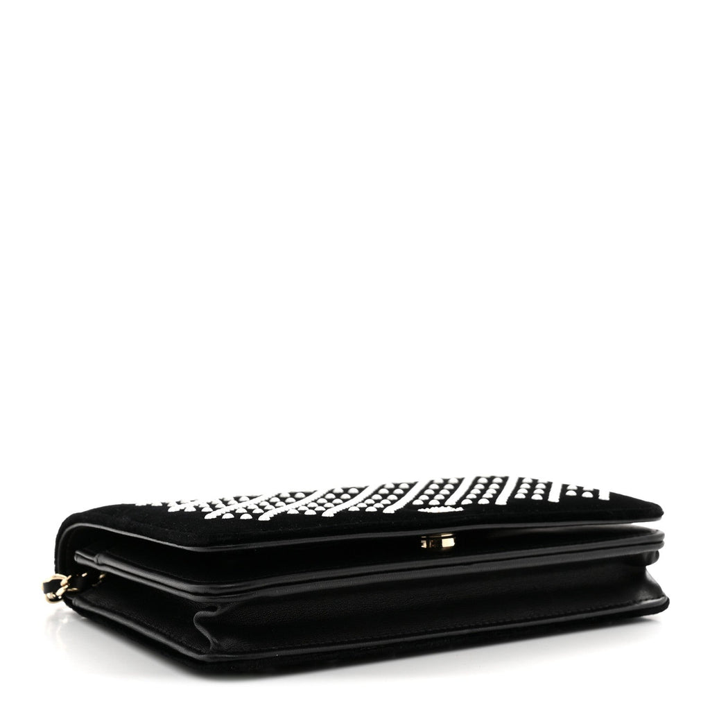 Velvet Pearl Diamond Embellished Wallet On Chain WOC Black