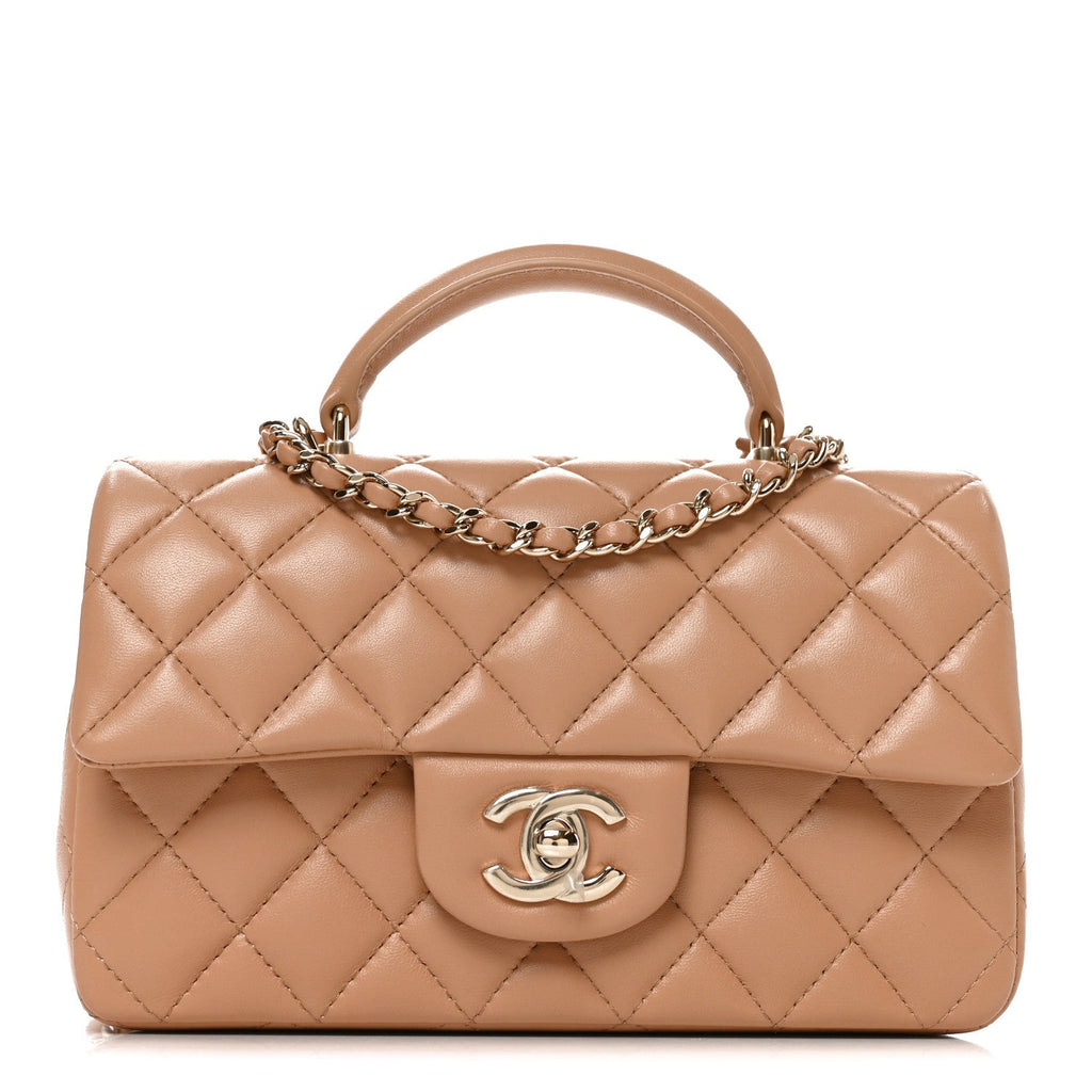 Lambskin Quilted Mini Top Handle Rectangular Flap Dark Beige