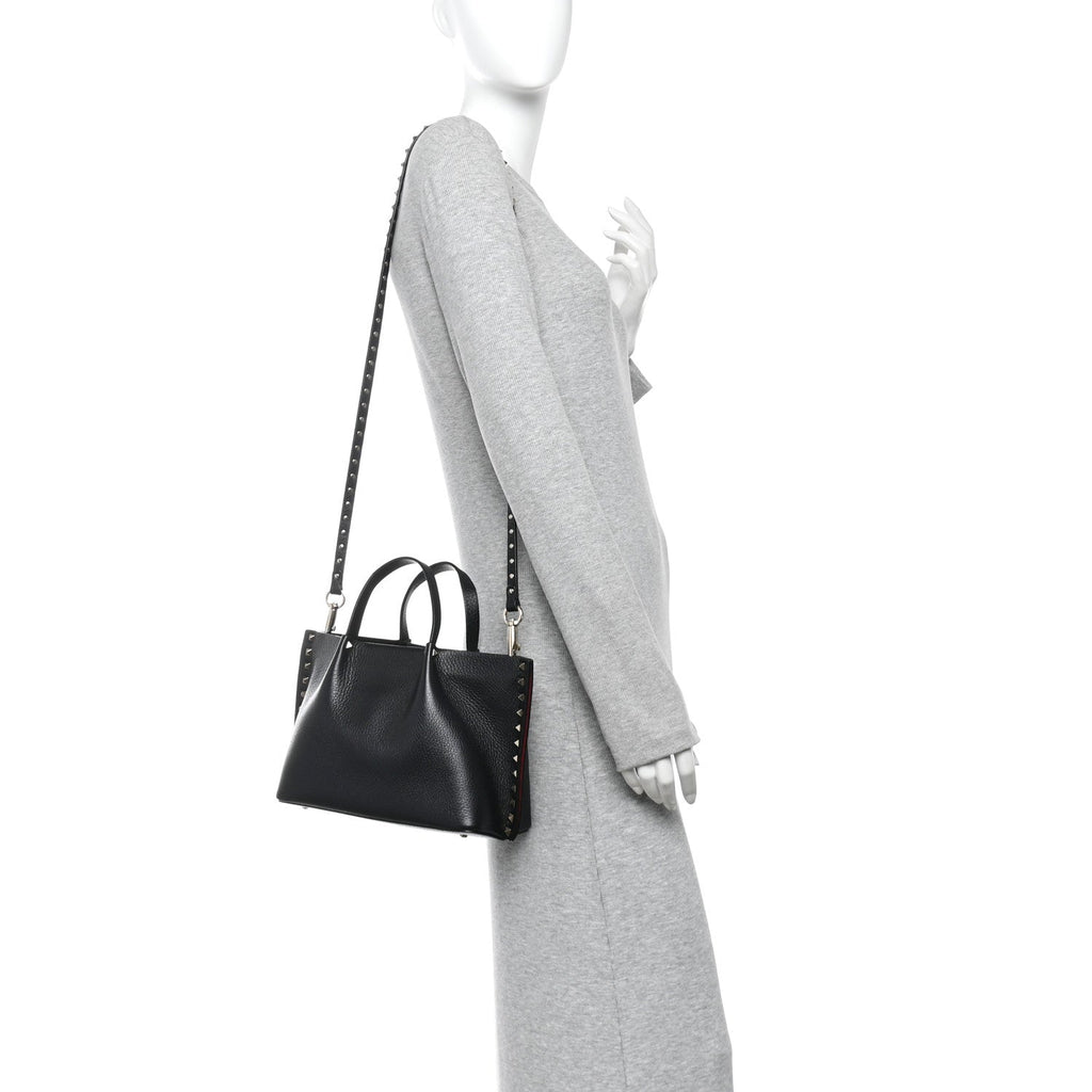 Pebbled Calfskin Small Rockstud Crossbody Tote Black