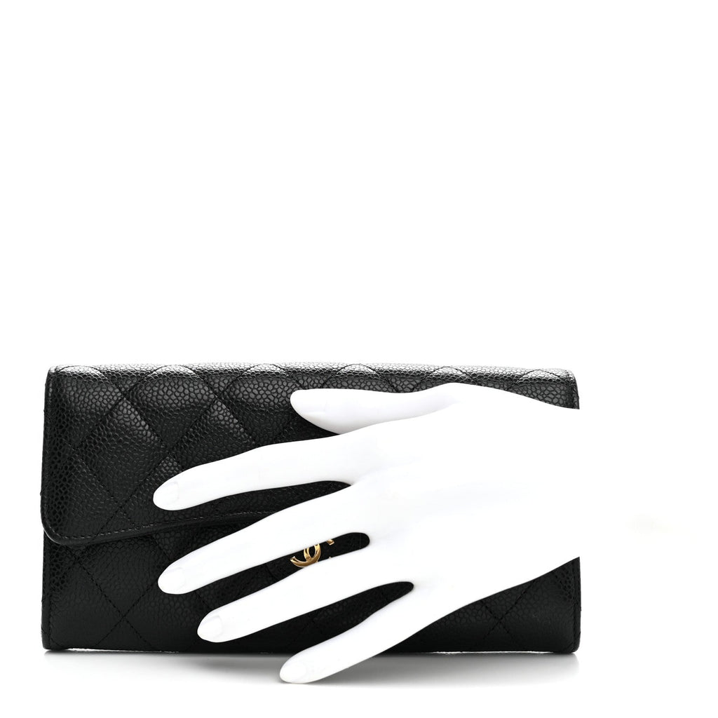 Caviar Quilted Large Gusset Flap Wallet Black