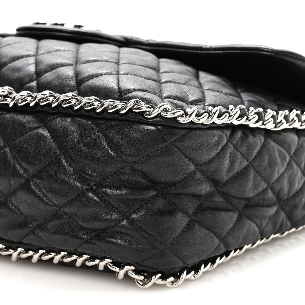 Washed Lambskin Quilted Maxi Chain Around Flap Black