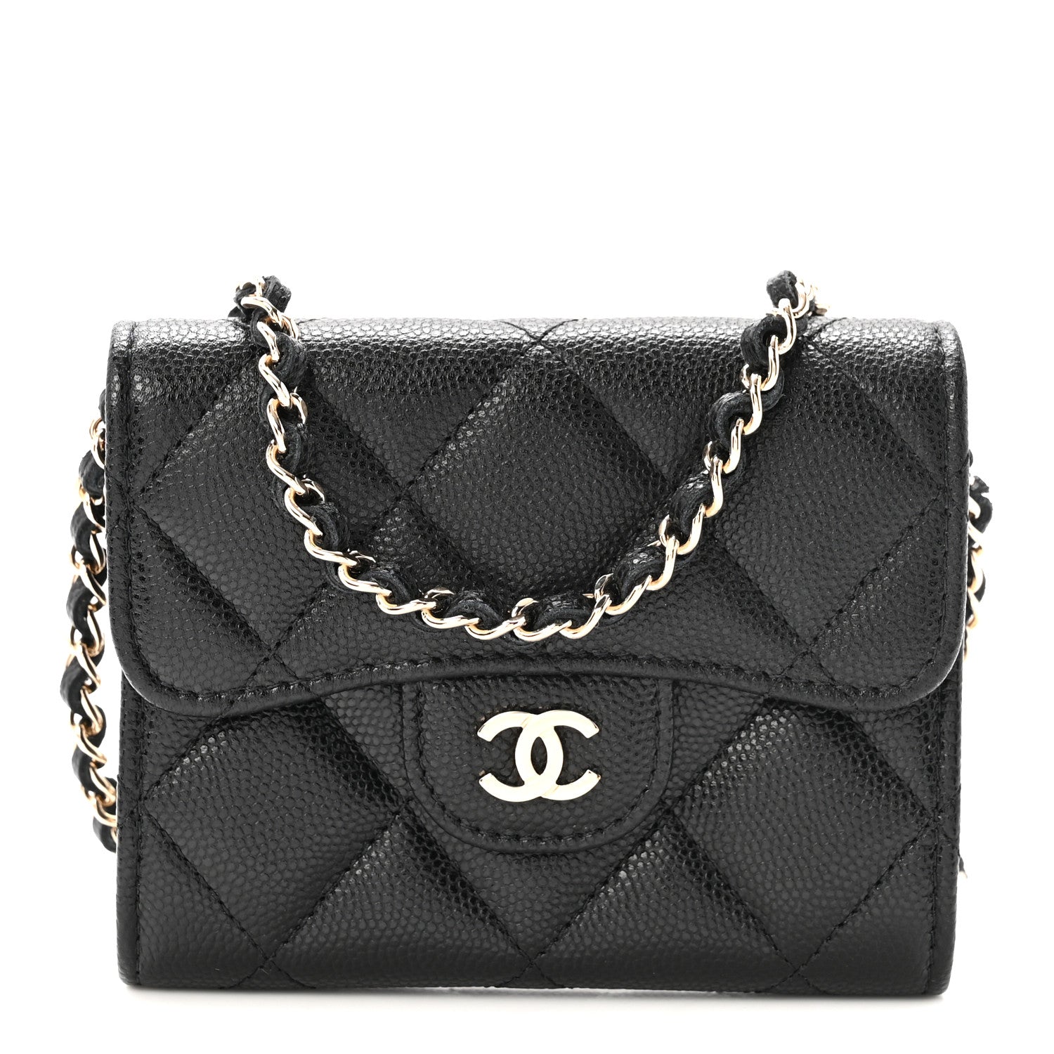 Caviar Quilted Flap Card Holder On Chain Black