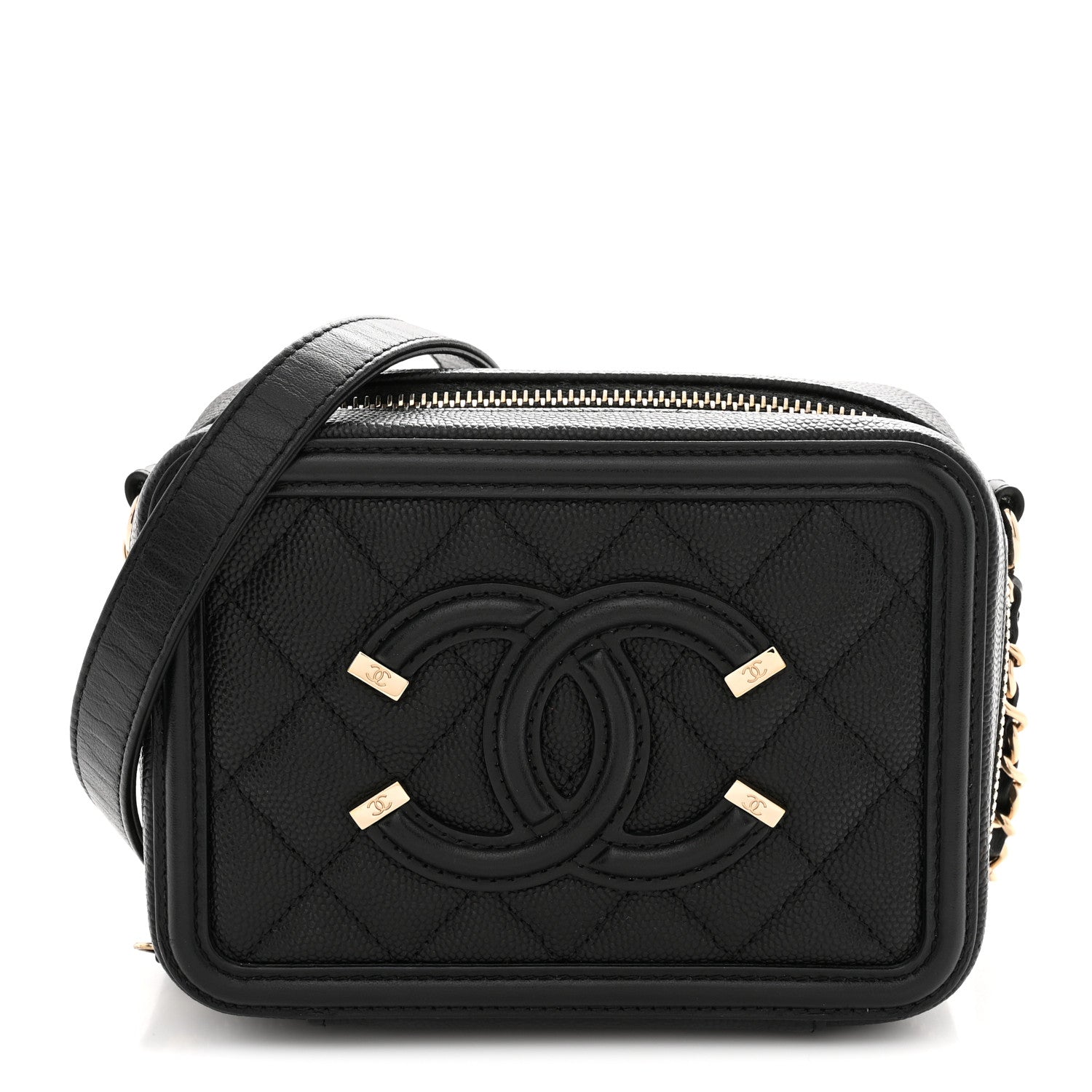 Caviar Quilted CC Filigree Vanity Clutch With Chain Black