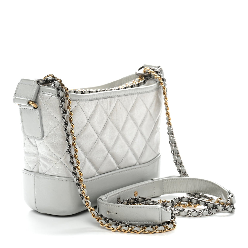 Metallic Aged Calfskin Quilted Small Gabrielle Hobo Silver