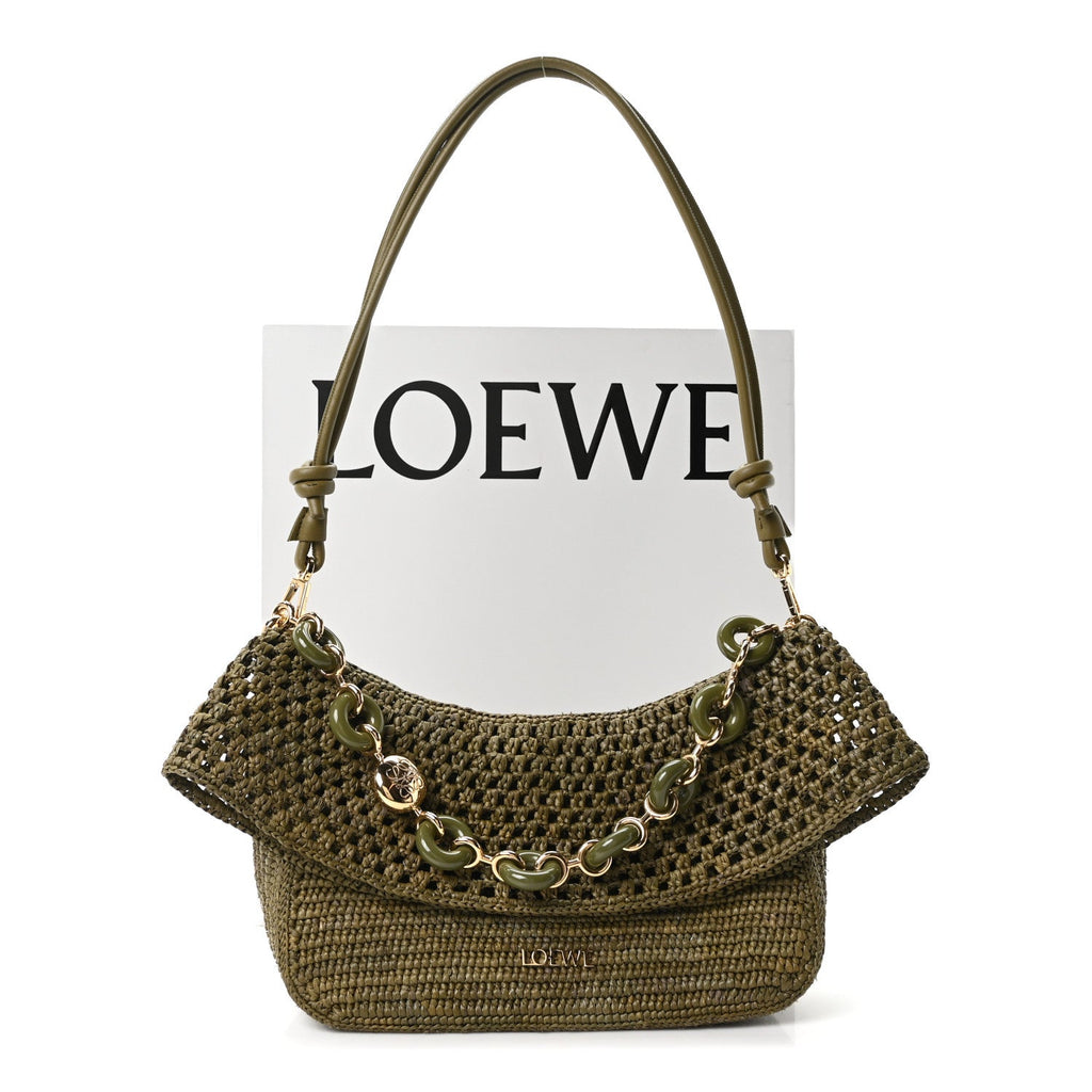 Raffia Calfskin Donut Chain Medium Ola Shoulder Bag Dark Khaki