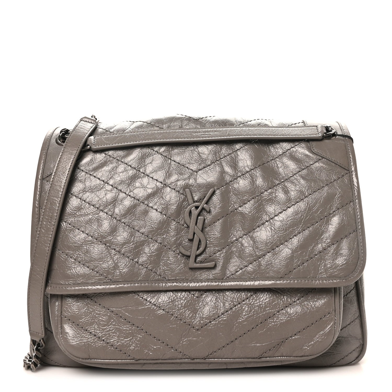 Crinkled Calfskin Matelasse Monogram Large Niki Chain Satchel Fog