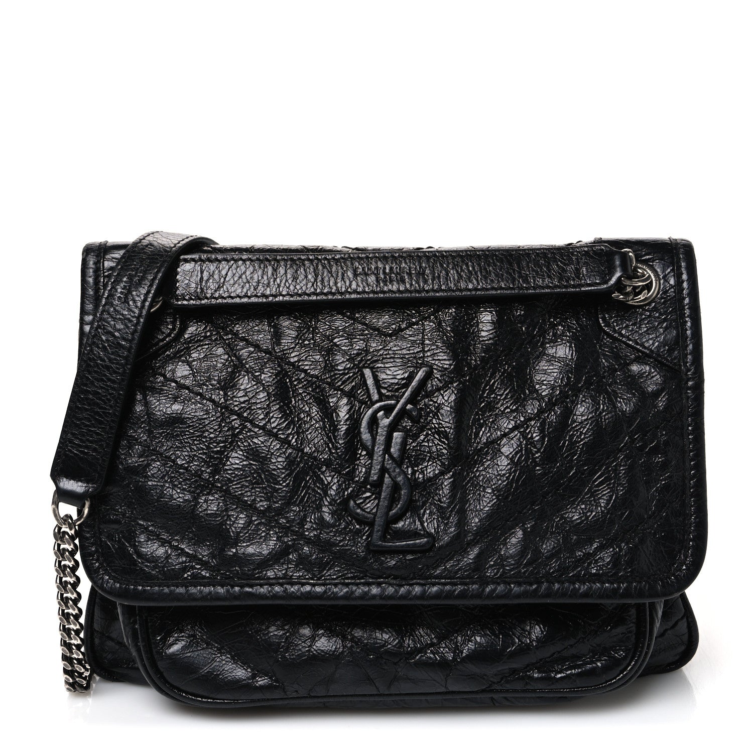 Crinkled Calfskin Matelasse Monogram Baby Niki Chain Satchel Black