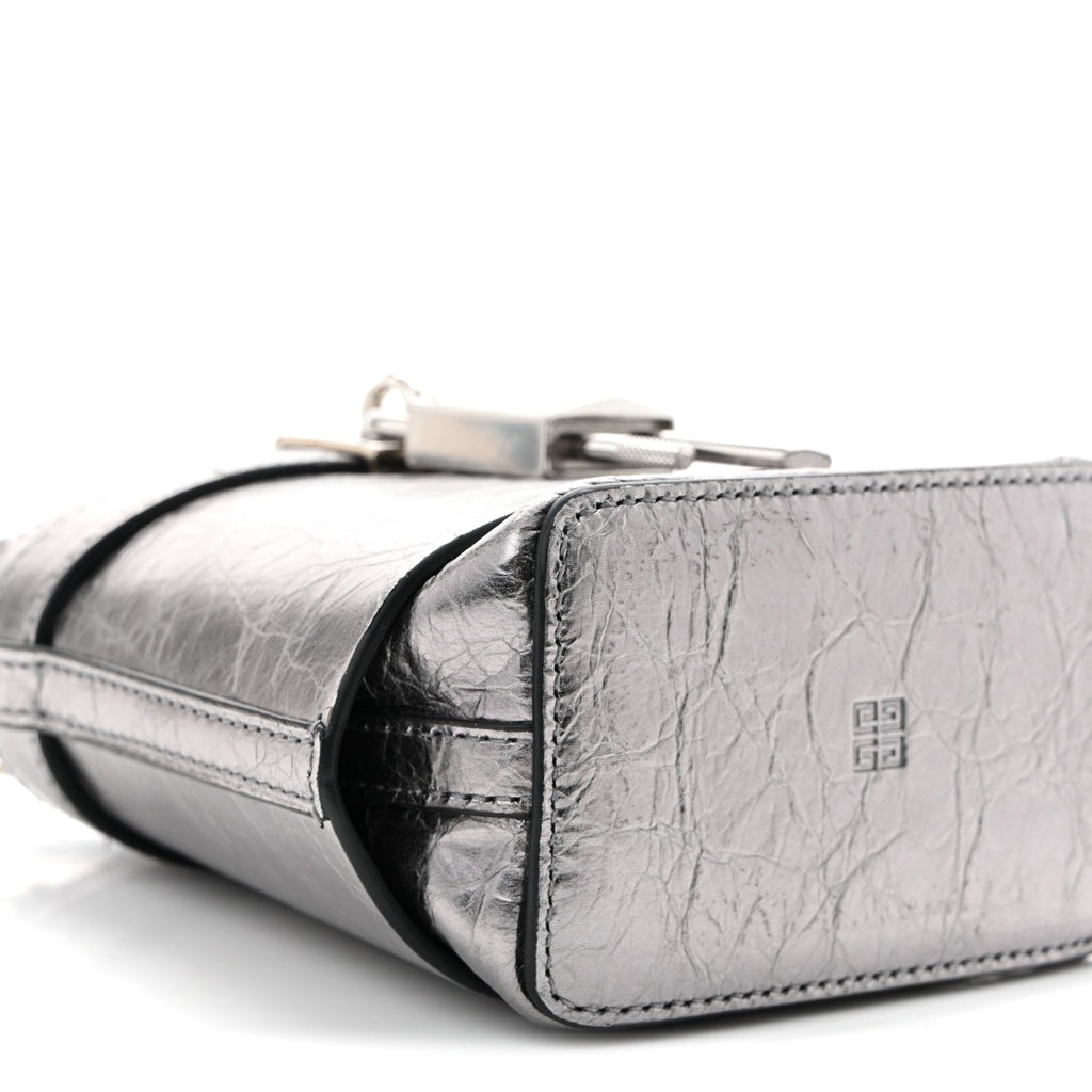 Laminated Lambskin Micro Shark Lock Bucket Bag Silvery Grey