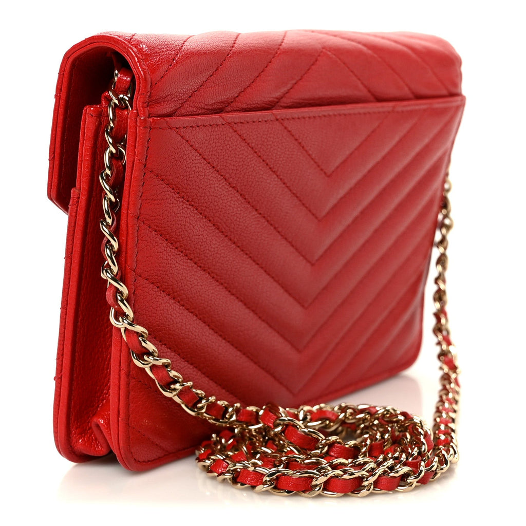 Goatskin Chevron Quilted Statement Wallet On Chain WOC Red