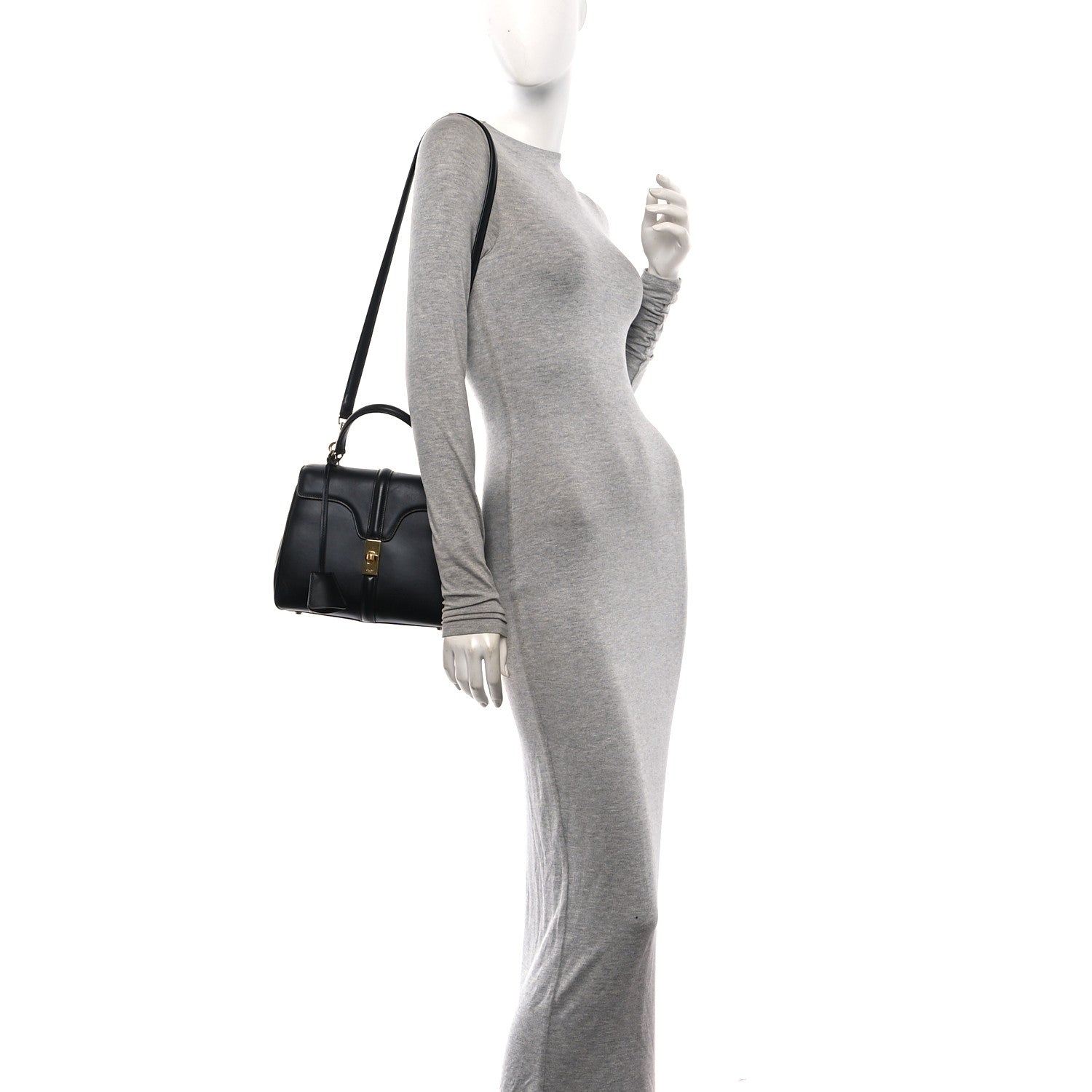Satinated Calfskin Small 16 Top Handle Bag Black