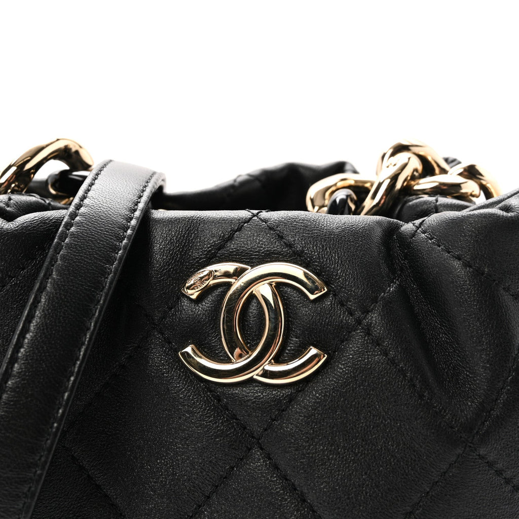 Lambskin Quilted Resin Bi-Color Chain Bucket Bag Black