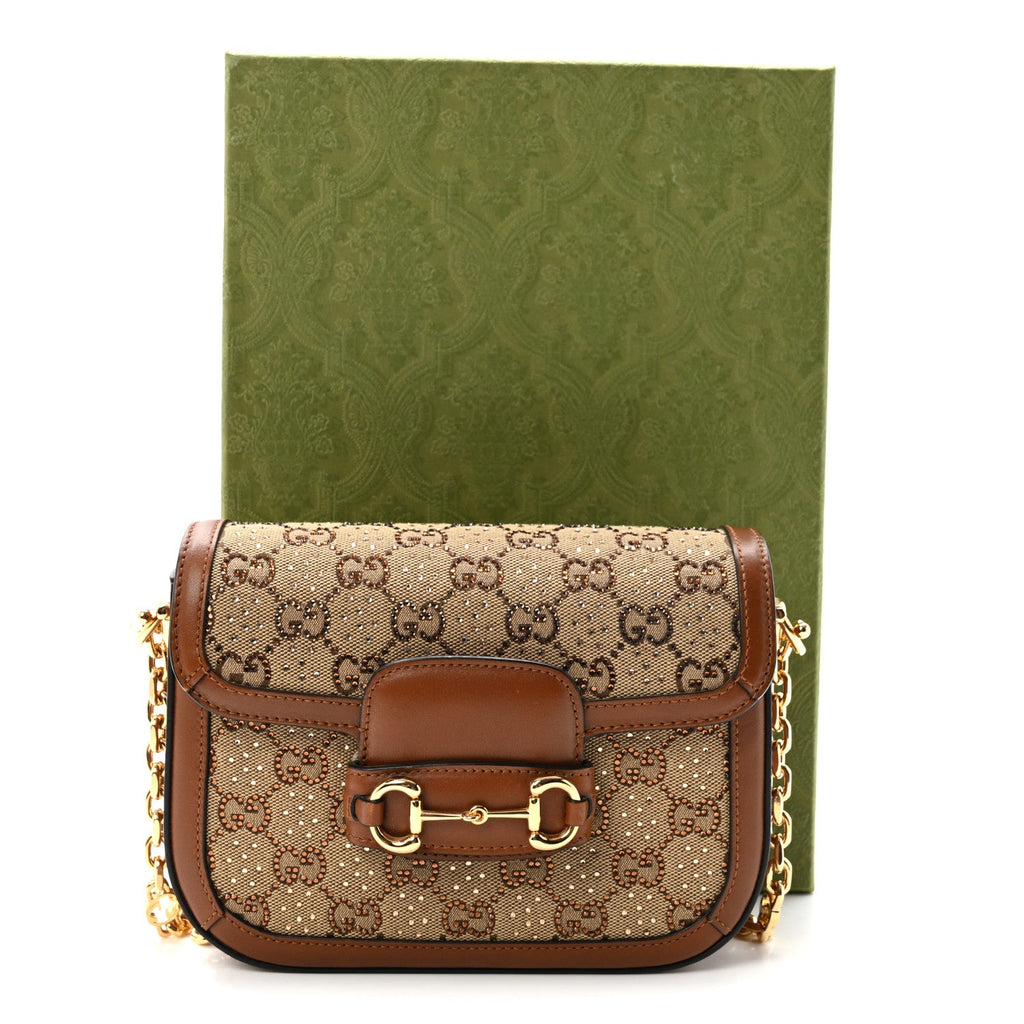 New Canvas Charisma Calfskin Crystal GG Monogram Mini Horsebit 1955 Shoulder Bag Camel Ebony