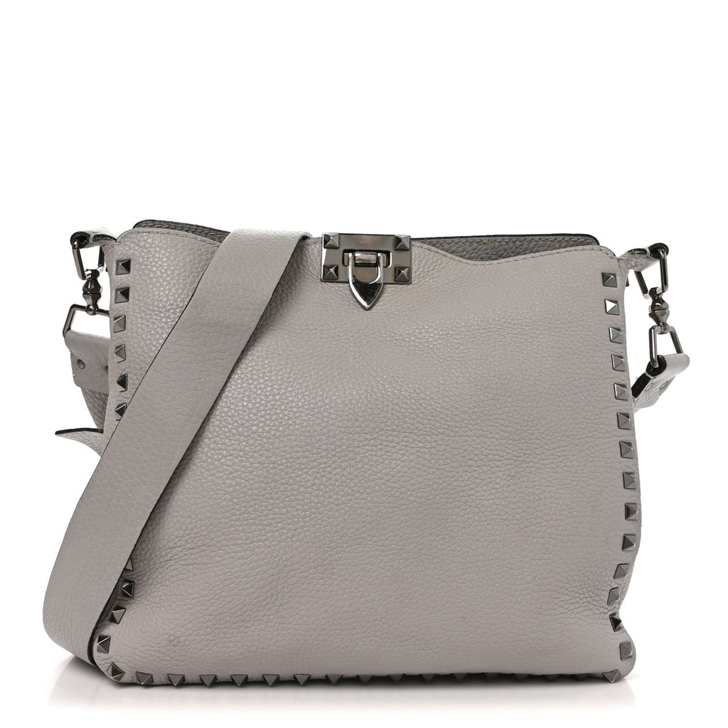 Pebbled Calfskin Small Rockstud Flip-Lock Messenger Bag Grey