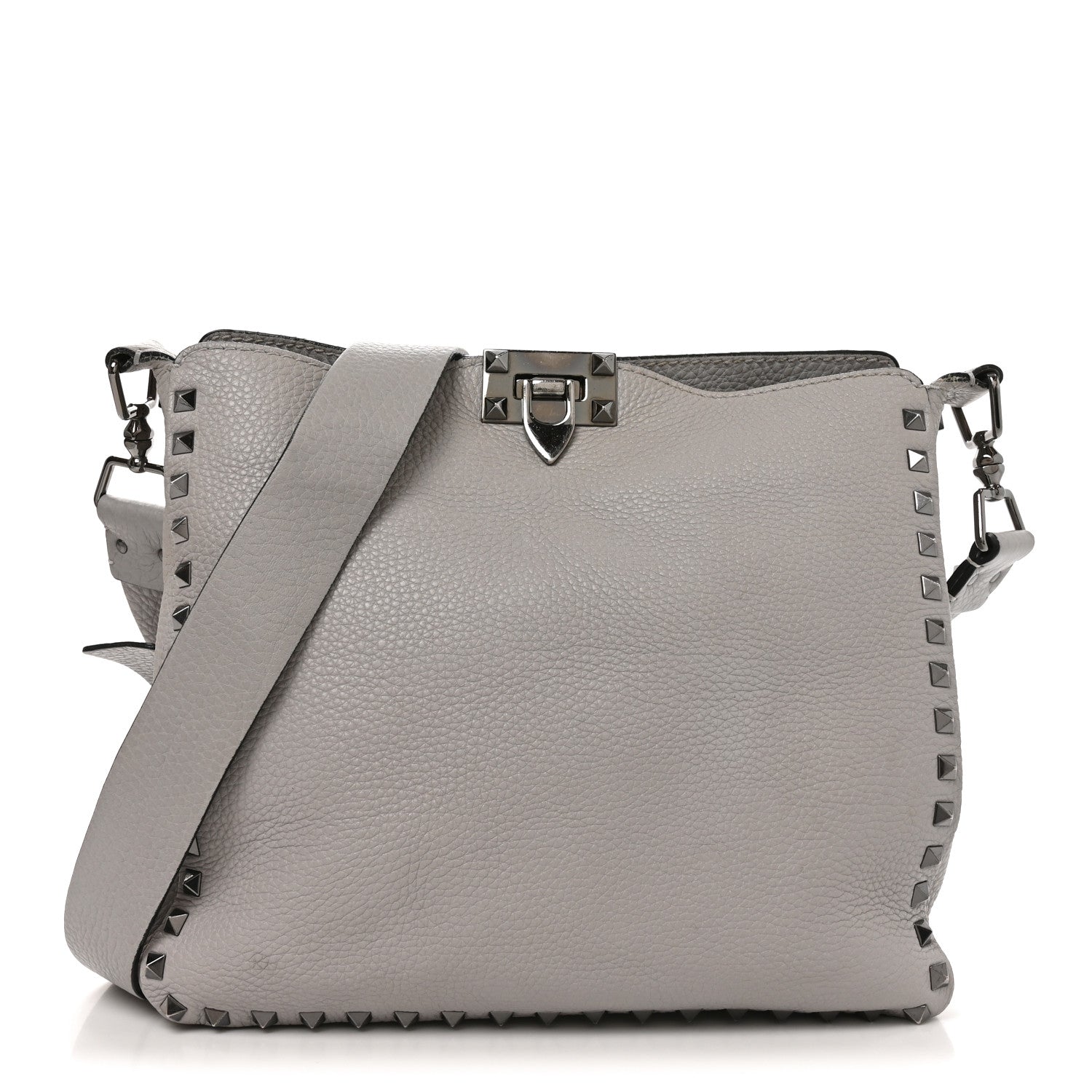Pebbled Calfskin Small Rockstud Flip-Lock Messenger Bag Grey
