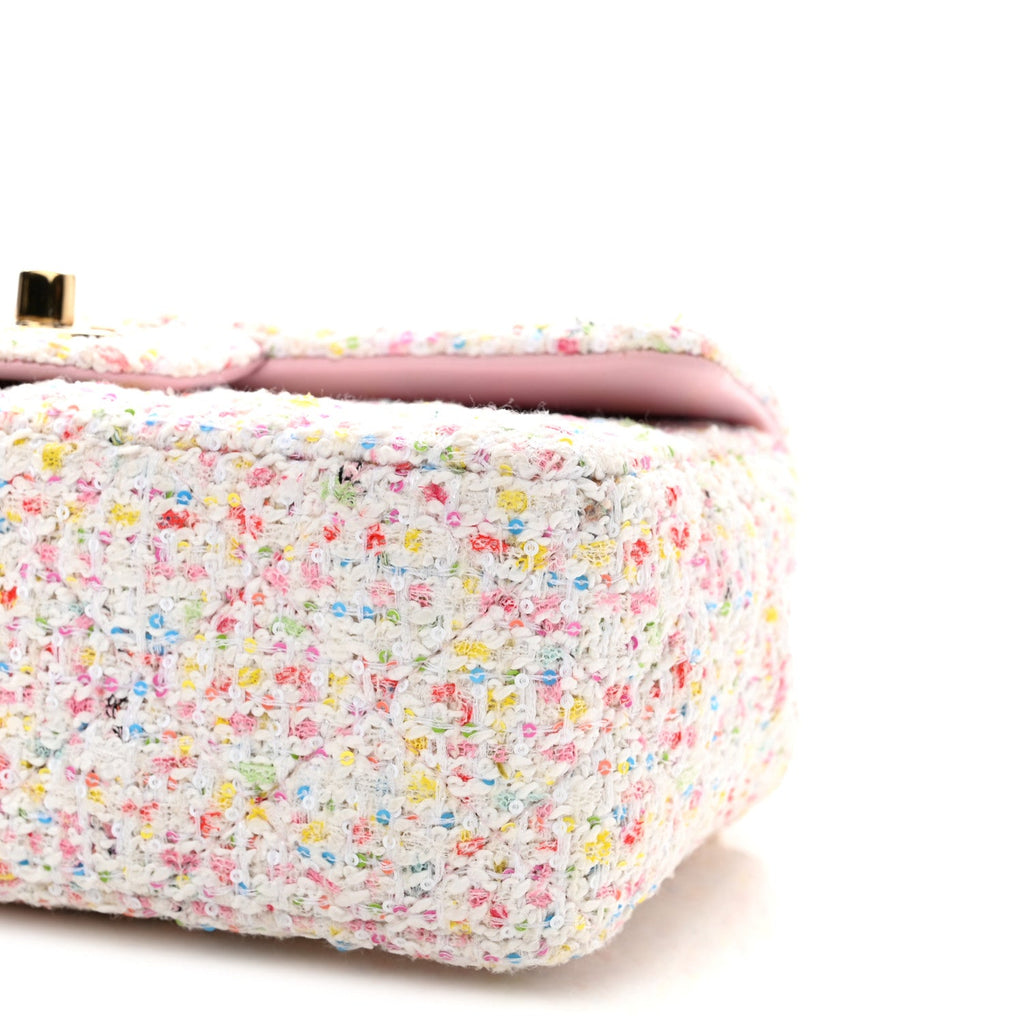 Tweed Sequin Quilted Mini Rectangular Flap White Pink Green Blue
