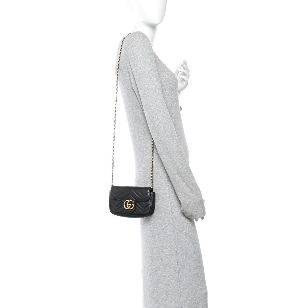 Calfskin Matelasse Super Mini GG Marmont Shoulder Bag Black