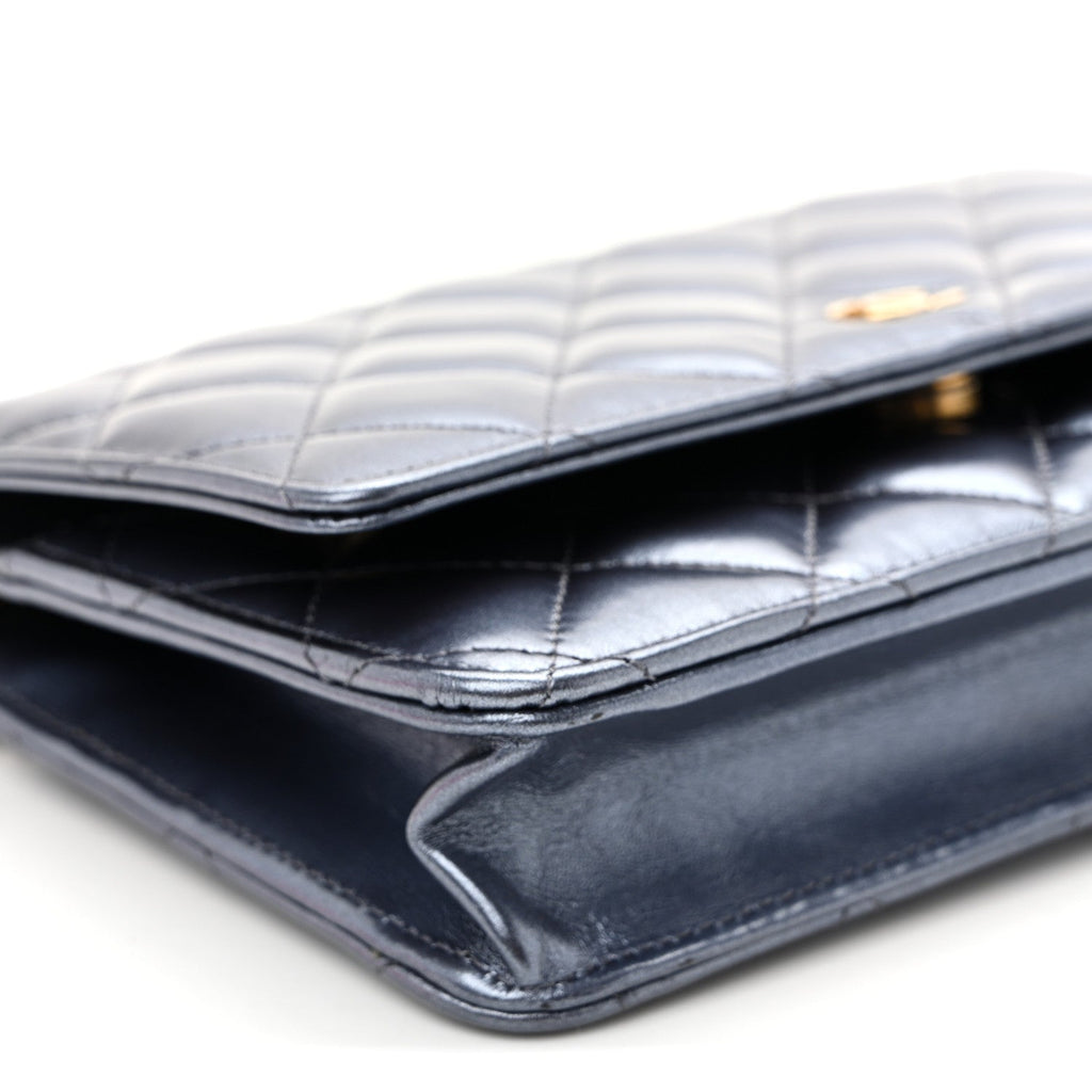 Metallic Calfskin Quilted Wallet On Chain WOC Navy Blue