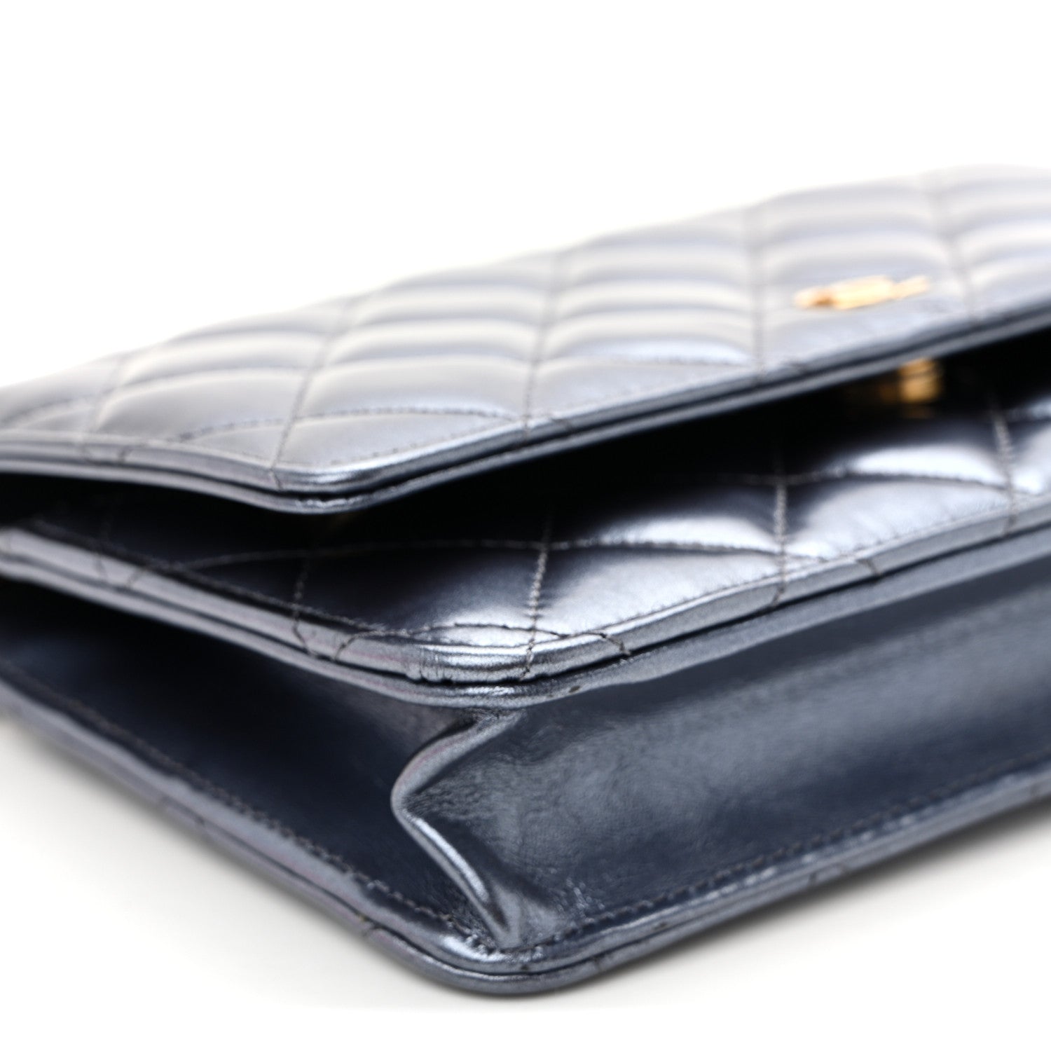 Metallic Calfskin Quilted Wallet On Chain WOC Navy Blue