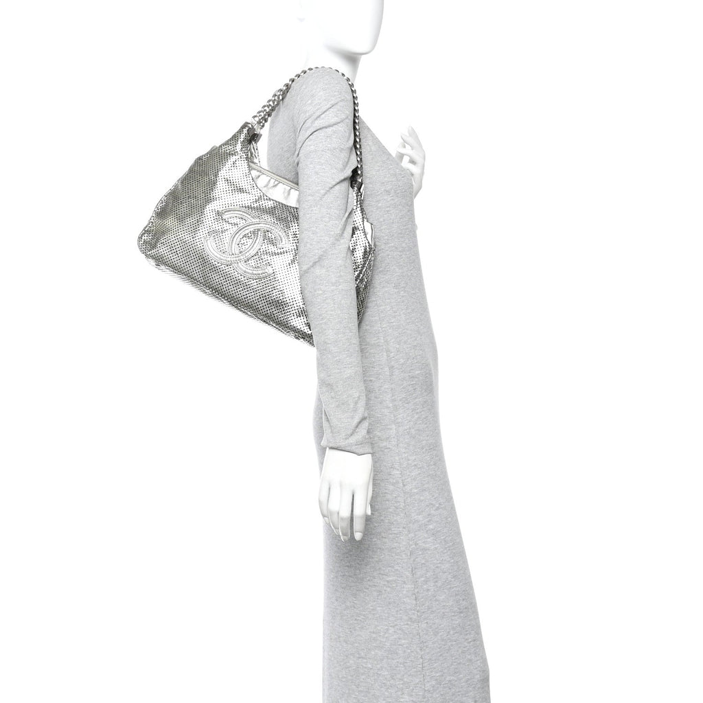 Metallic Glazed Calfskin Perforated Rodeo Drive Hobo Silver