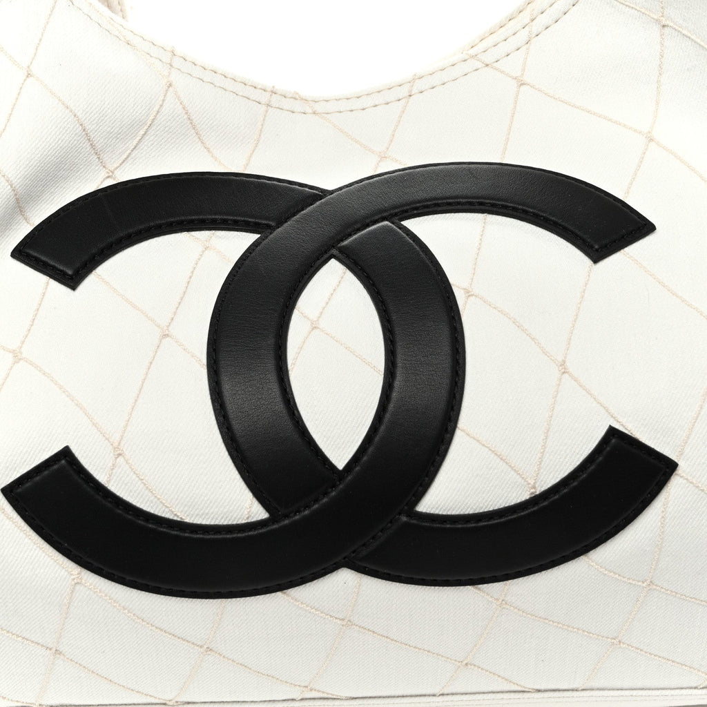 Denim Calfskin Quilted Coco Beach Small Shopping Tote White Black