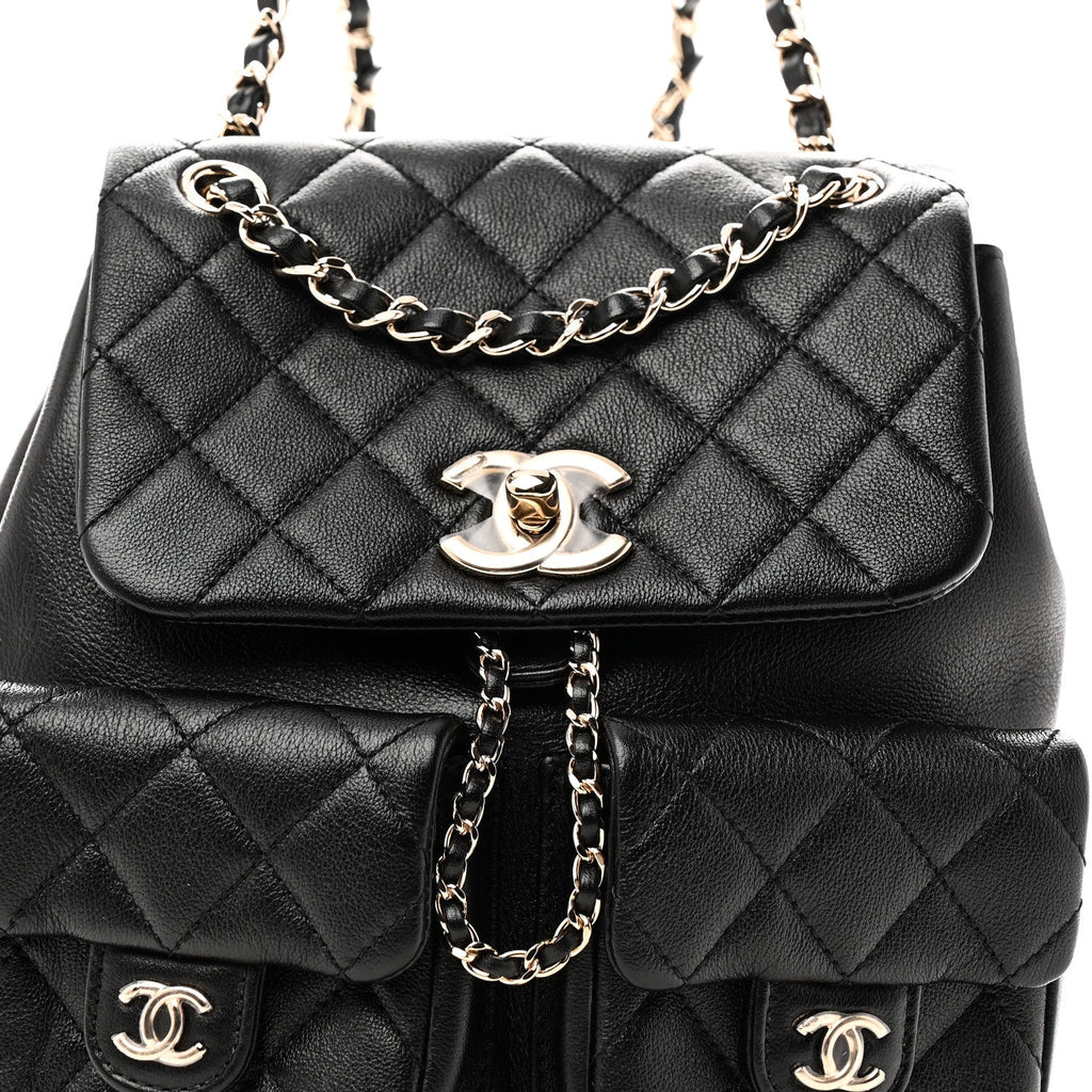 Calfskin Quilted Medium Duma Pockets Drawstring Backpack Black