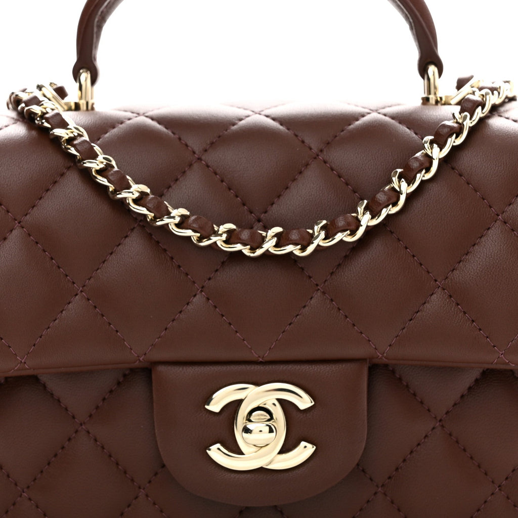Lambskin Quilted Mini Top Handle Rectangular Flap Dark Brown