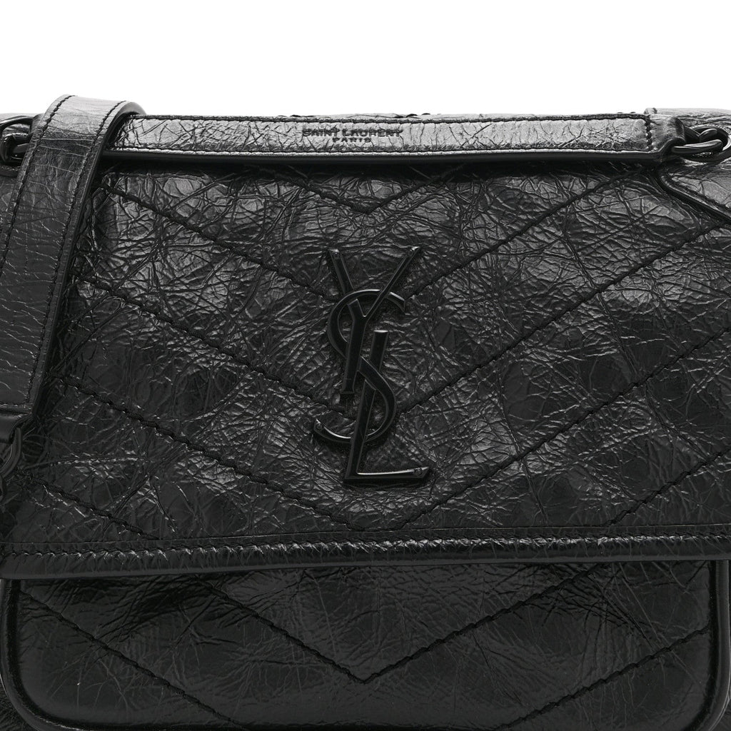 Crinkled Calfskin Matelasse Monogram Baby Niki Chain Satchel Black