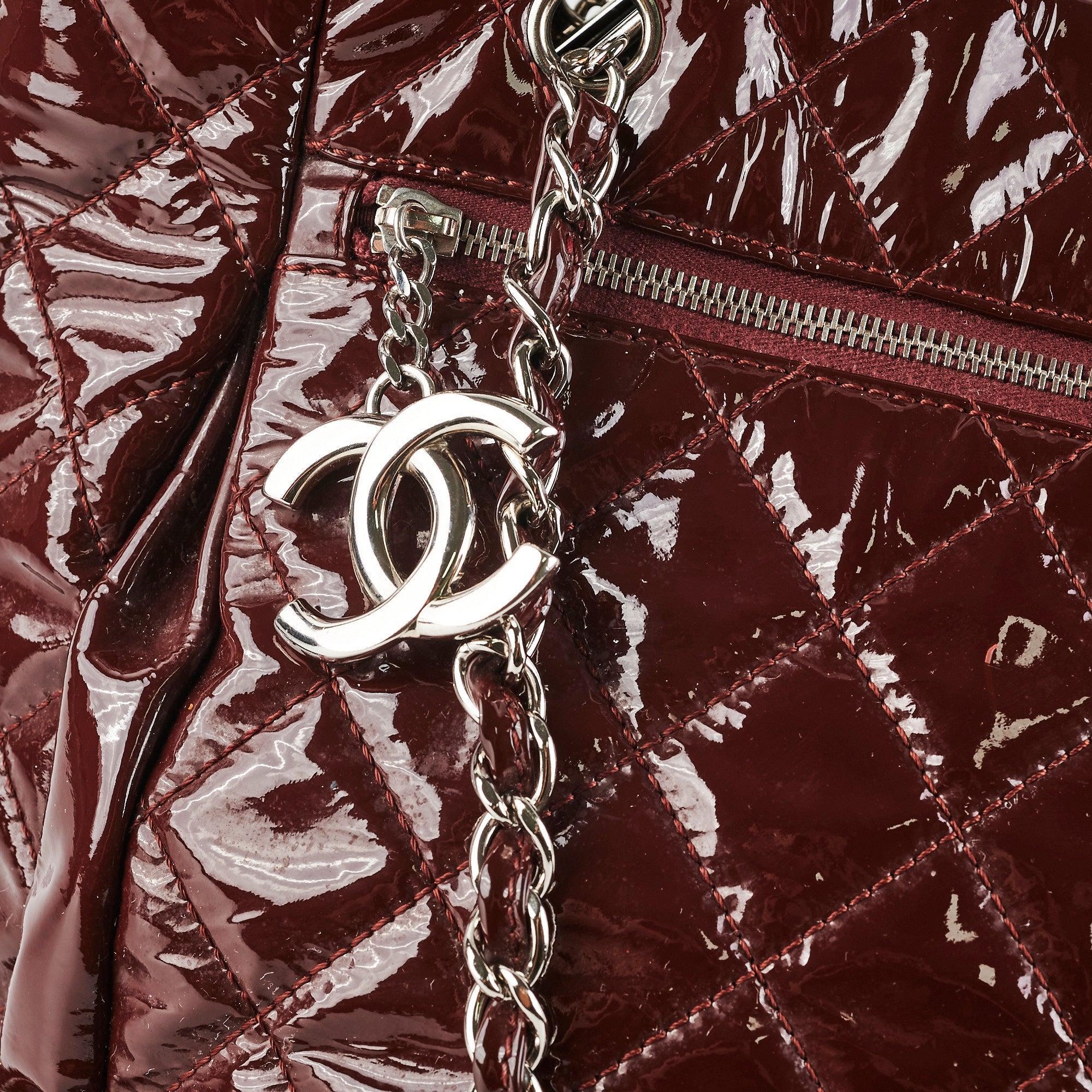 Chanel Quilted Patent Large Tote Bag Burgundy